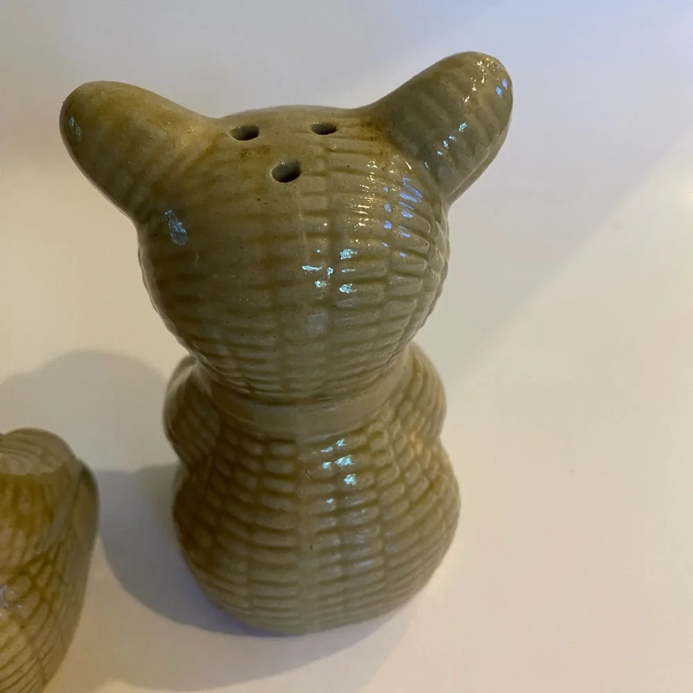 Vintage Ceramic Teddy Bear Salt Pepper Shakers Quilted Bears with Black Bow Ties
